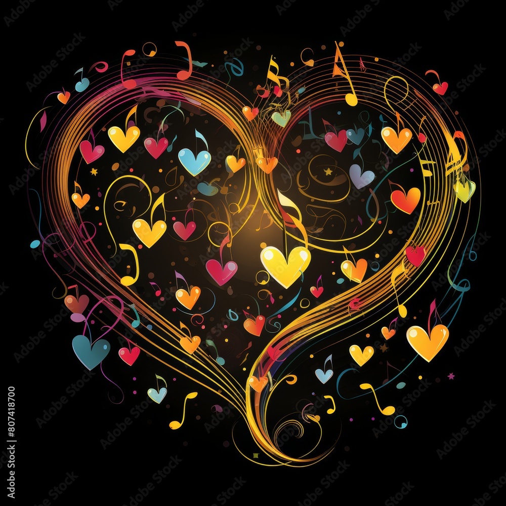 Colorful heart-shaped music notes and symbols on dark background