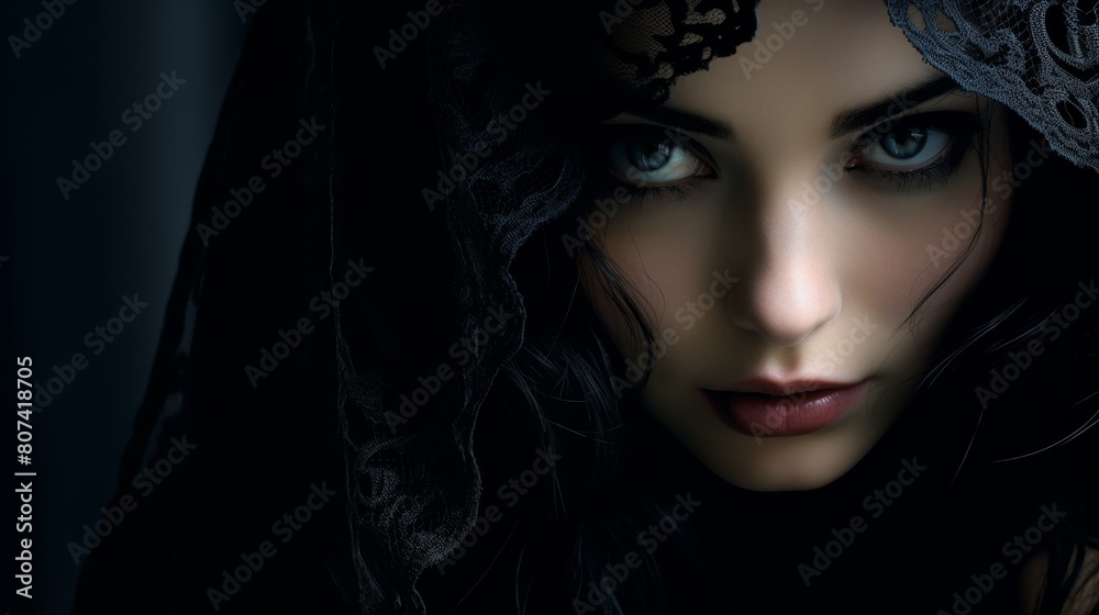 Mysterious woman with piercing blue eyes