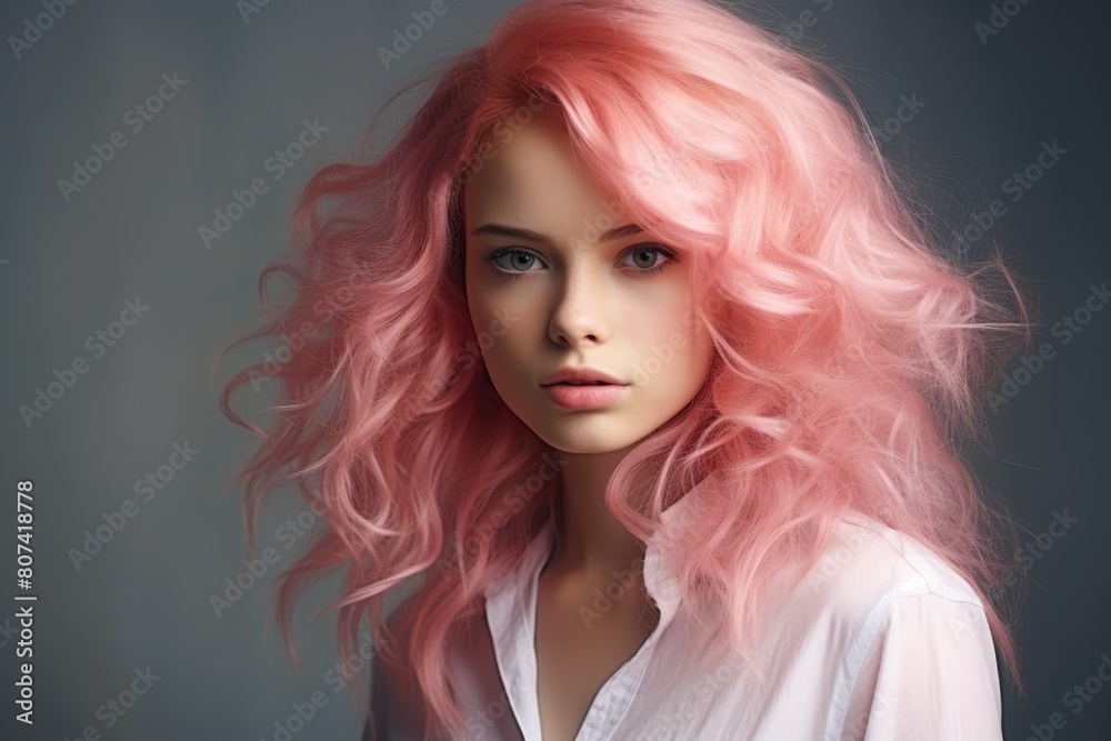 Vibrant pink-haired woman with intense gaze