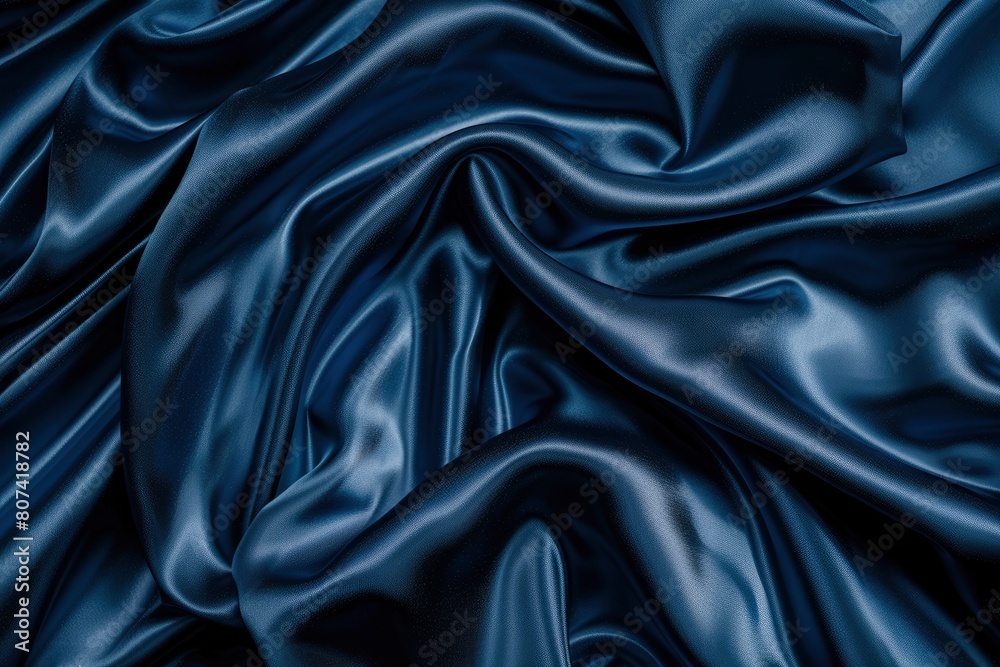 Beautiful dark blue silk satin background. Soft folds on shiny fabric. Luxury background with copy space for text, design. Web banner. Flat lay, top view table.Birthday, Christmas - generative ai Beautiful dark blue silk satin background. Soft folds on shiny fabric. Luxury background with copy space for text, design. Web banner. Flat lay, top view table.Birthday, Christmas - generative ai