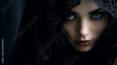 Mysterious woman with piercing blue eyes