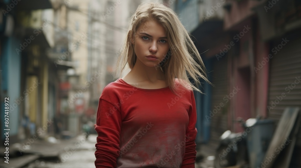Pensive young woman in red sweater