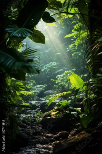 lush green tropical rainforest landscape with stream