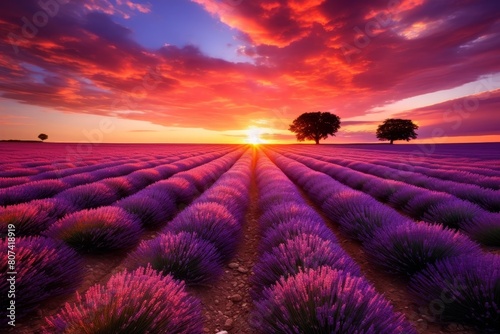 Vibrant sunset over lavender field with trees