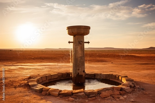 Wooden water fountain in desert landscape at sunset