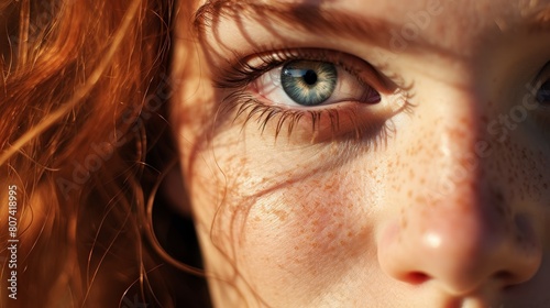 Close-up of a person's eye with vibrant red hair