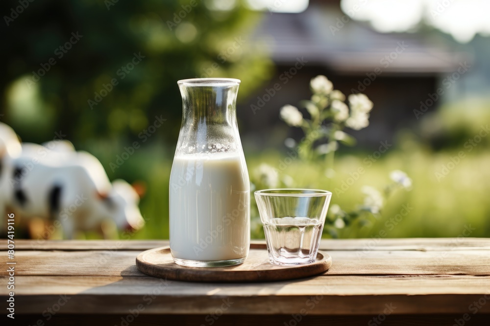 Idyllic meadow backdrop features serene cow alongside milk bottle and glass, evoking a rustic ambiance of pure dairy goodness and pastoral tranquility. Idyllic meadow backdrop features serene cow alongside milk bottle and glass, evoking a rustic ambiance of pure dairy goodness and pastoral tranquility.