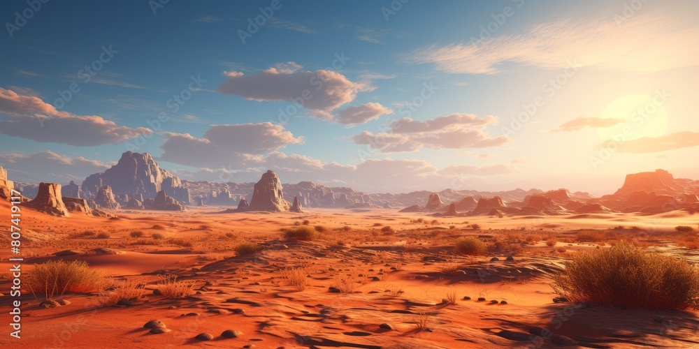 Dramatic desert landscape with towering rock formations at sunset