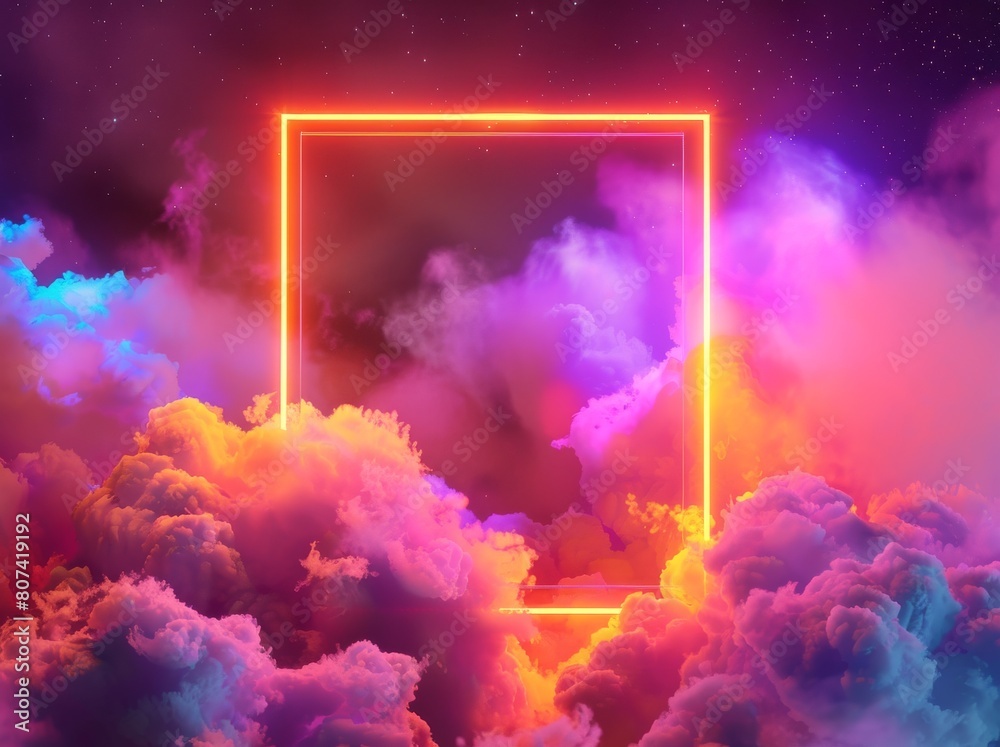 Fototapeta premium 3D render, abstract neon background with glowing square frame in the clouds of smoke and fog, night sky.