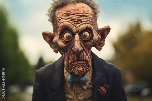 Creepy old man with large eyes and wrinkled face