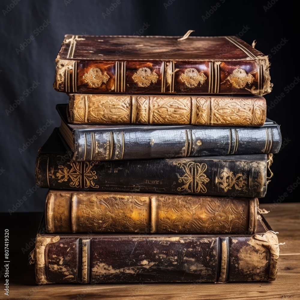 Antique leather-bound books on wooden table Antique leather-bound books on wooden table