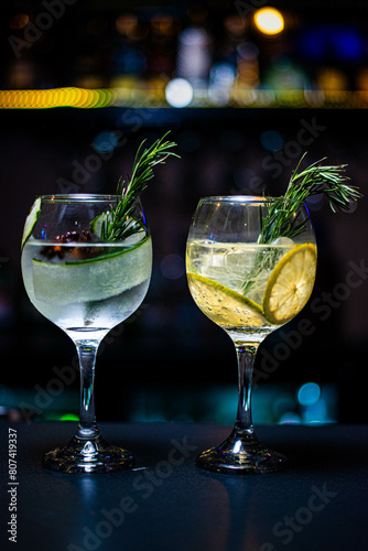 Two cocktail parnet gin and tonic of cucumber and orange flavor with rosemary