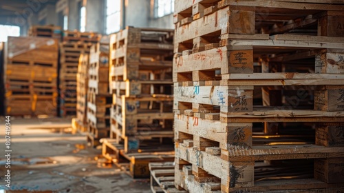 Many empty wooden pallets stacked in the warehouse