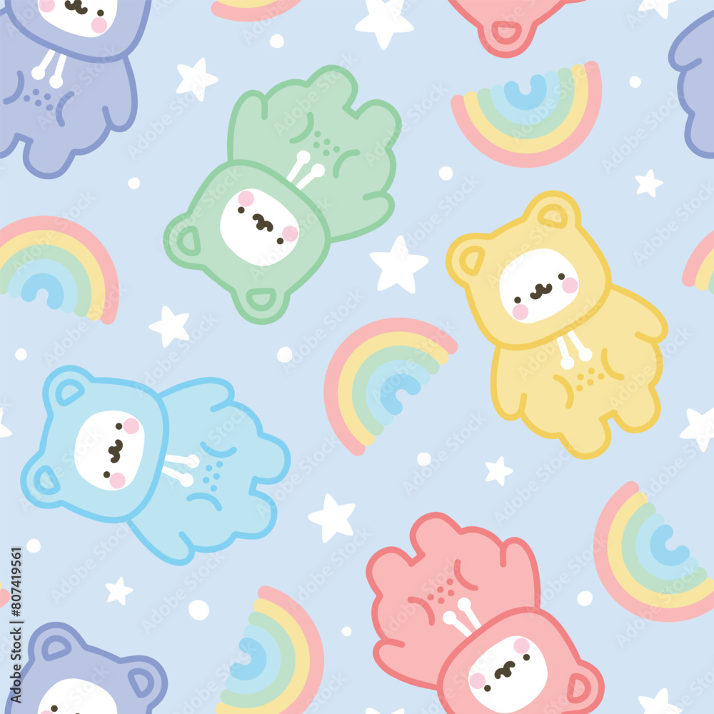 Cute hand drawn polar bear with kawaii stars and rainbow and dots blue background in a colorful adorable violet, pink , green, red, yellow warm pajama or hoodie, bedding desigh seamless pattern Cute hand drawn polar bear with kawaii stars and rainbow and dots blue background in a colorful adorable violet, pink , green, red, yellow warm pajama or hoodie, bedding desigh seamless pattern