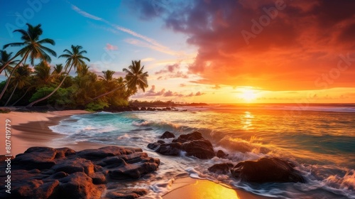 Stunning tropical beach sunset with palm trees