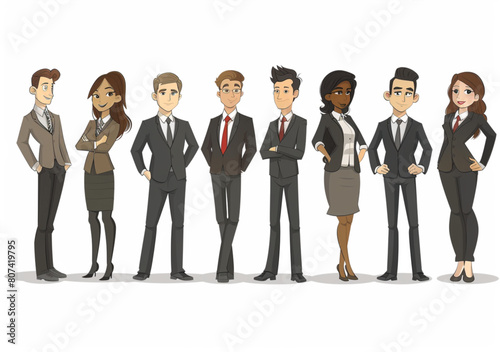 A set of business people, men and women in different positions standing together on a white background in the style of a vector illustration cartoon.