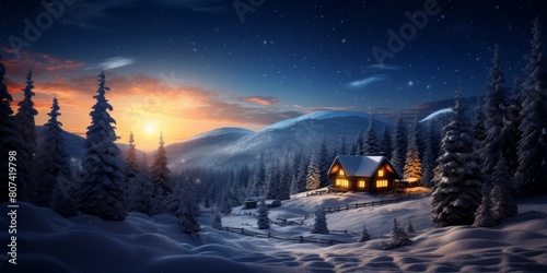 Cozy winter cabin in snowy forest at sunset