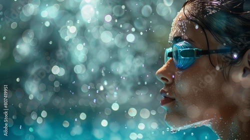 Female swimmer in profile with Olympic pool goggles with drops falling in high resolution and high quality. concept sports, olympics, swimming pool, athlete © Marco