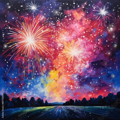 Vibrant fireworks display over a rural landscape