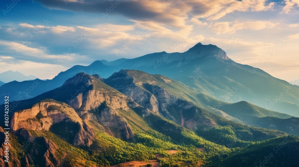 Majestic mountain landscape at sunset Majestic mountain landscape at sunset