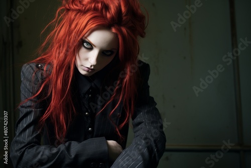 Mysterious woman with striking red hair and intense gaze