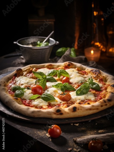 Delicious homemade pizza with fresh basil and tomatoes