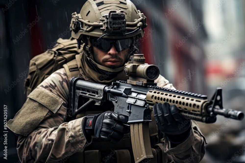 Heavily armed military soldier in tactical gear