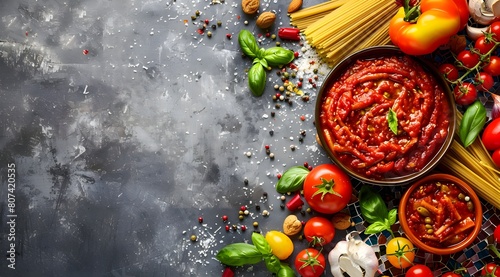 background with tomato sauce and pasta  basil and fresh tomatoes  Italian cuisine