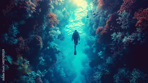 Silhouette of a scuba diver exploring a coral reef.