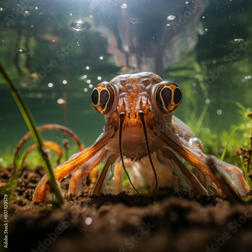 close-up of a frog with large eyes in a pond photo