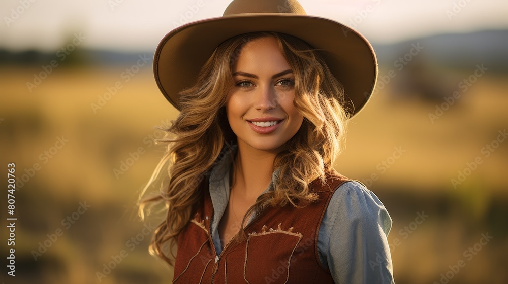 Smiling woman in cowgirl outfit at sunset
