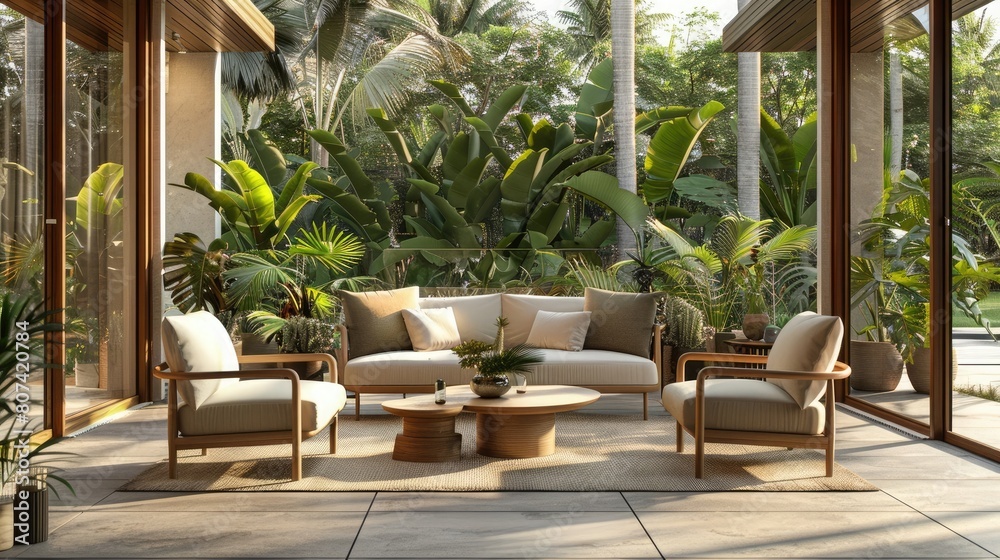 Modern Patio With Sofa, Armchairs, Coffee Table And Garden View Background, aesthetic look