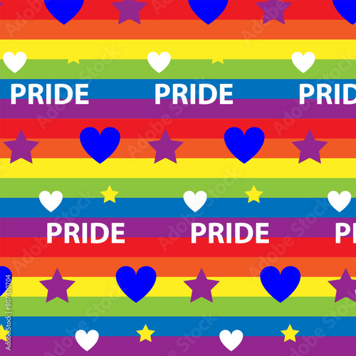 LGBT Pride Month in June. Lesbians, gays, bisexuals, transsexuals. LGBT flag. Rainbow love concept. Human rights and tolerance. Poster, card, banner, background. Vector illustration, seamless pattern.
