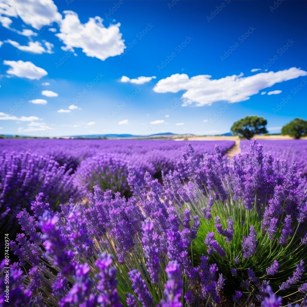 Naklejka premium Vibrant lavender field under blue sky with clouds