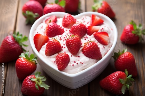 heart-shaped bowl of fresh strawberries