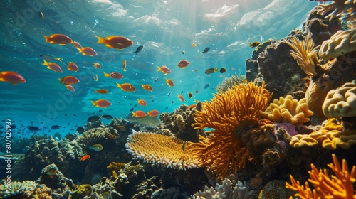 A group of fish swimming gracefully over a vibrant coral reef in the clear ocean waters.