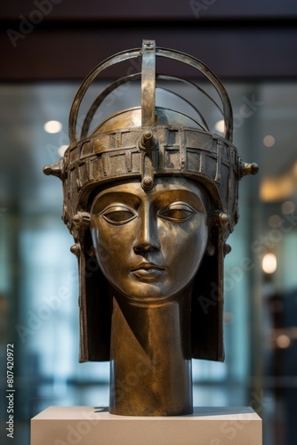 Ornate bronze sculpture of a serene face with intricate headpiece