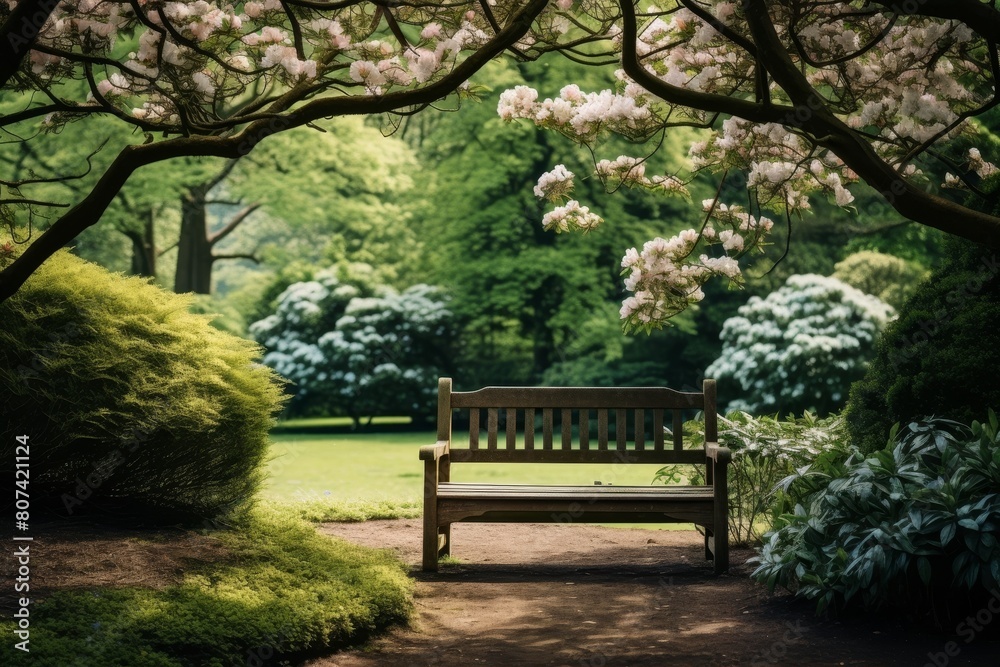peaceful garden bench in blooming spring landscape peaceful garden bench in blooming spring landscape