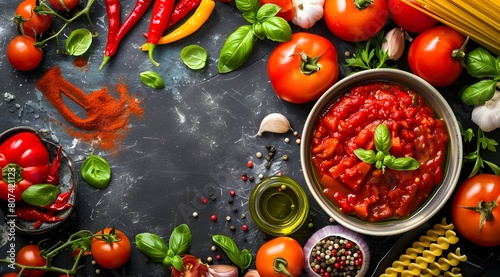 background with tomato sauce and pasta, basil and fresh tomatoes, Italian cuisine