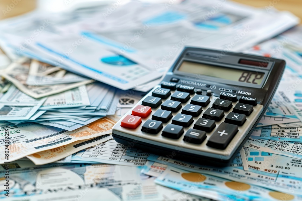 Calculator with clear display among banknotes, foreground in sharp focus, backdrop blurred, indicating financial scrutiny or transactions. Numeric keypad among paper money, precise focus on financial Calculator with clear display among banknotes, foreground in sharp focus, backdrop blurred, indicating financial scrutiny or transactions. Numeric keypad among paper money, precise focus on financial