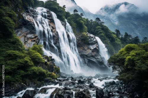 Majestic waterfall cascading through lush green forest