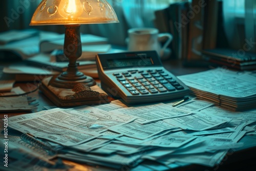 Close-up of calculator and budget sheets filled with negative numbers, under harsh light of desk lamp, Warm lampshade lights up financial calculations, cluttered desk with receipts photo