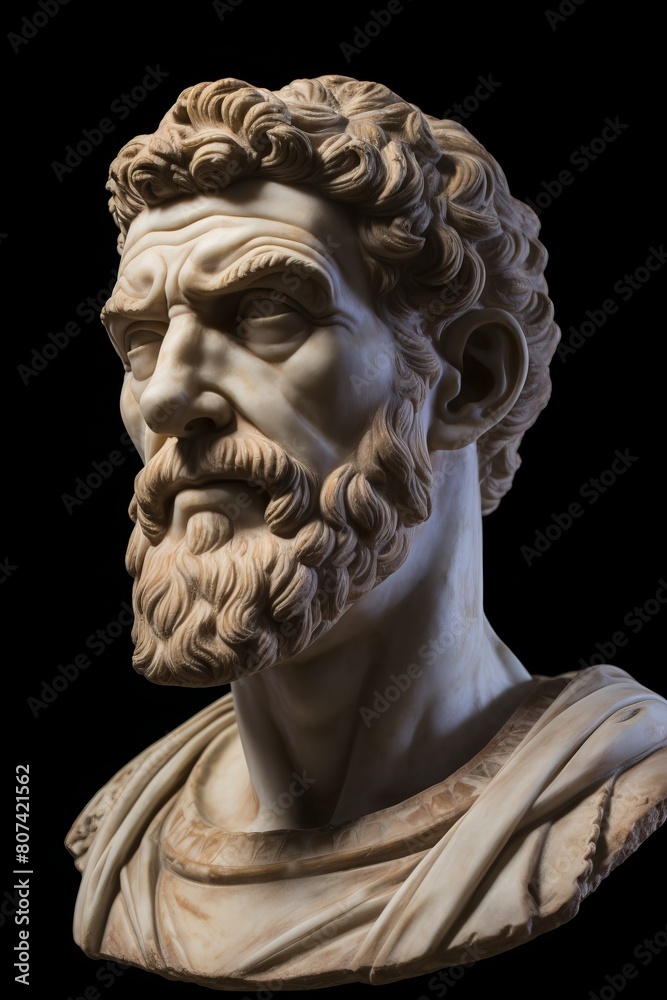 Detailed sculpture of a bearded man with curly hair