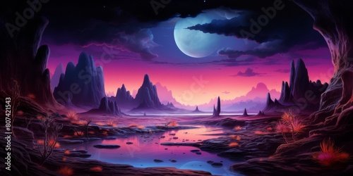 Fantastical alien landscape under a glowing moon