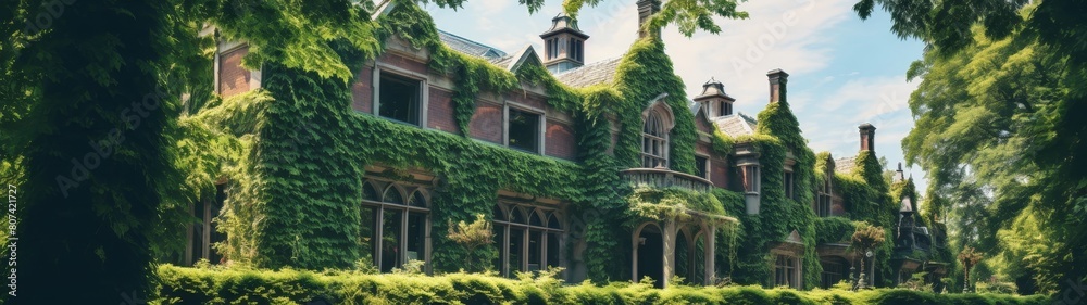 Ivy-covered historic building in lush green garden