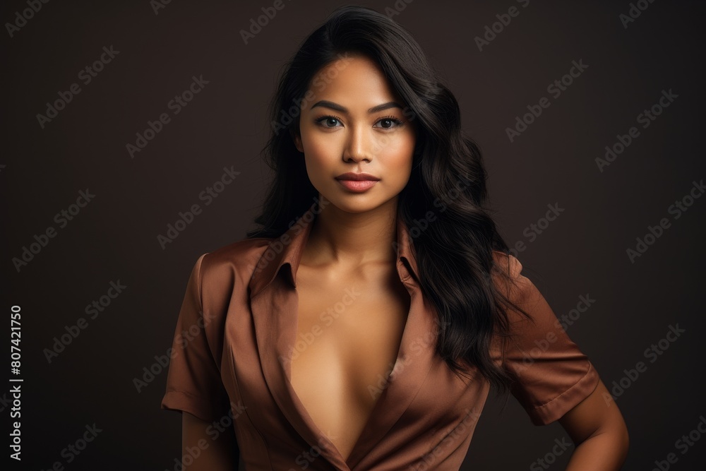 Confident and alluring woman in brown outfit