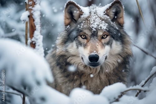 Majestic wolf in snowy forest