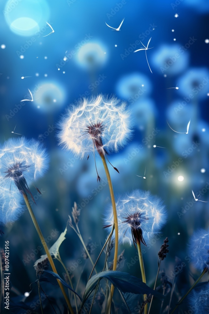 Dandelion seeds blowing in the wind on a blue background Dandelion seeds blowing in the wind on a blue background
