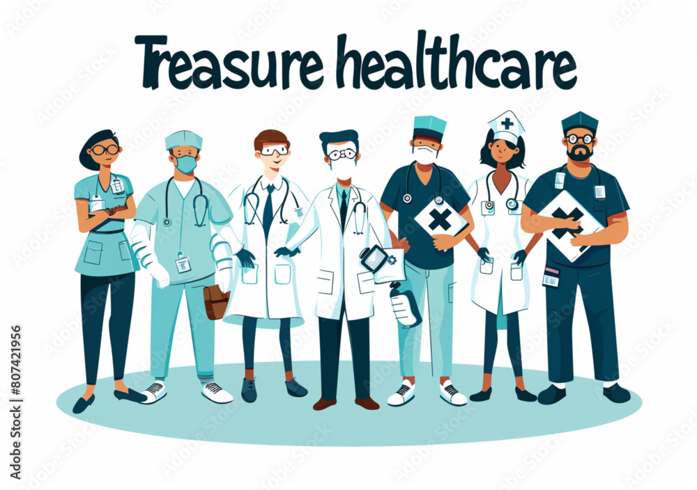 A vector illustration of multiple medical professionals wearing different uniforms and standing in front view with the text 