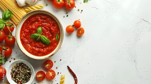 background with tomato sauce and pasta, basil and fresh tomatoes, Italian cuisine